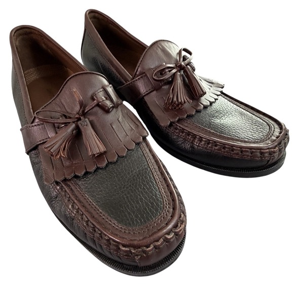 Johnston &‎ Murphy Mens Two Tone Brown Leather Kiltie Tassel Loafers Shoes